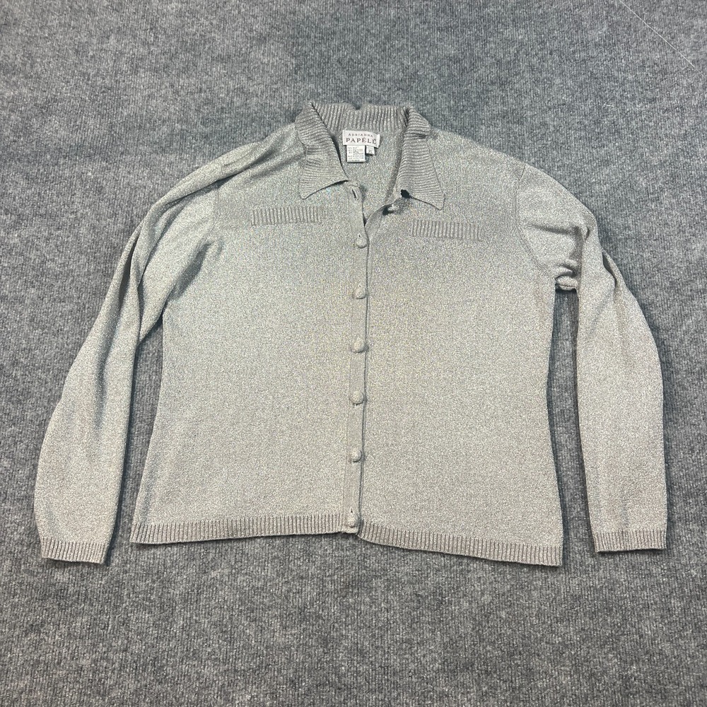 Adrianna Papell Cardigan Sweater Women Large Petite Heather Gray Silk Tight Knit